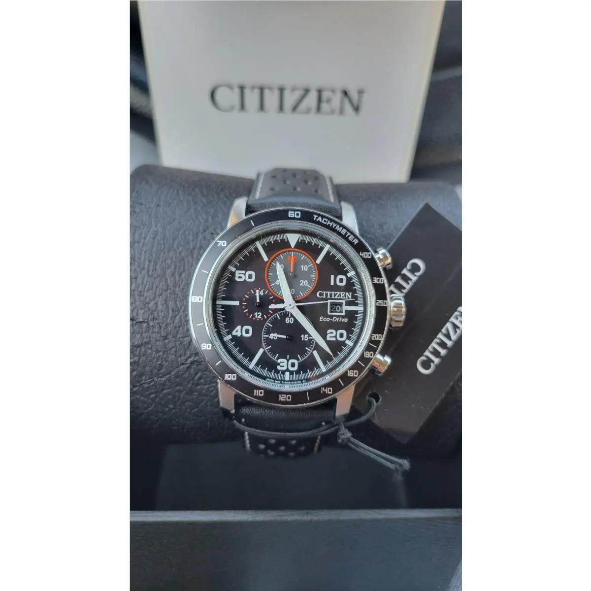 Tachymeter Citizen Eco-drive Brycen Black Leather Men`s Watch CA0649-14E - Dial: Black, Band: Black, Bezel: Silver, Aubergine