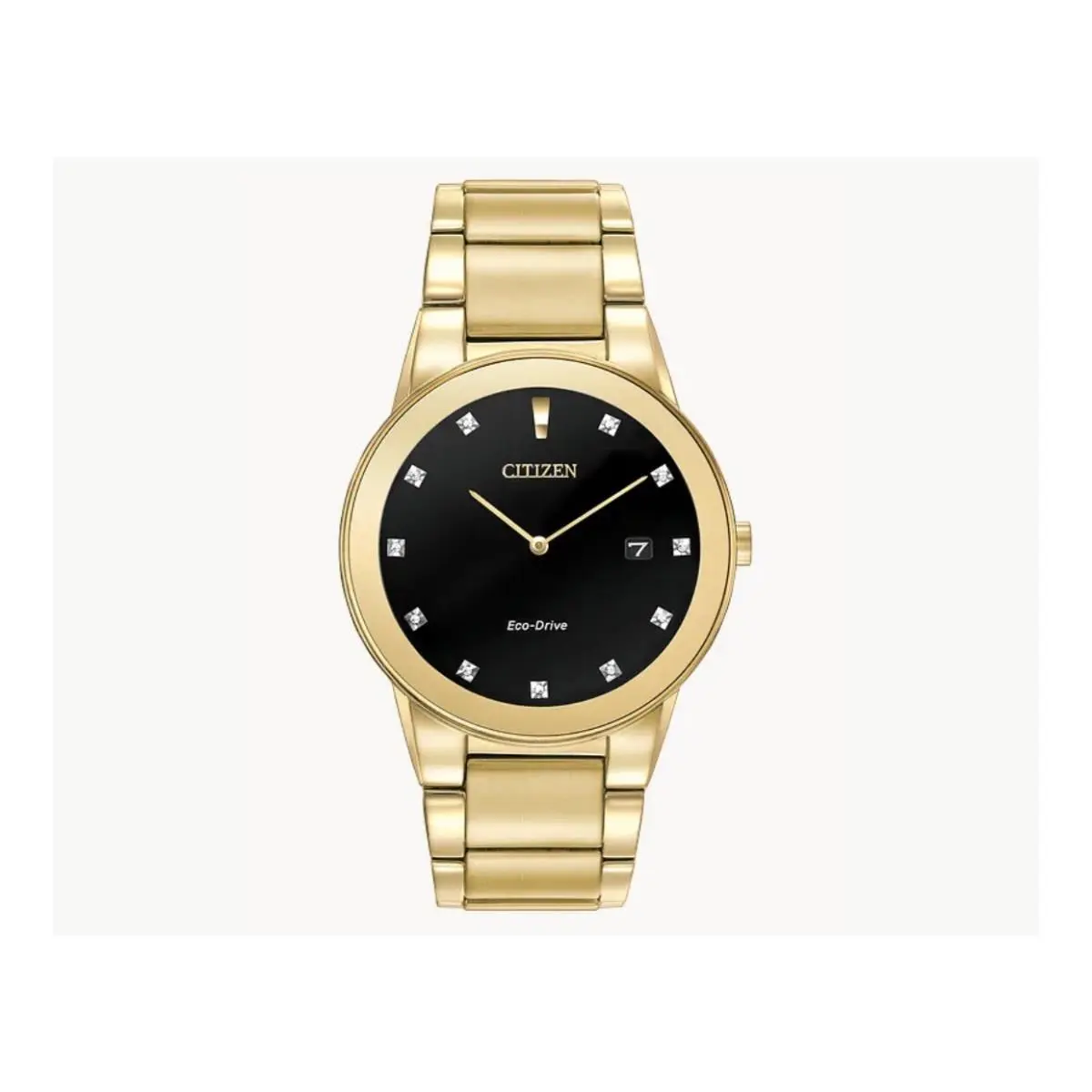 Citizen Men`s Eco-drive 11 Diamonds Gold SS Watch Black Dial AU1062-56G - Dial: Black, Band: Gold, Bezel: Black