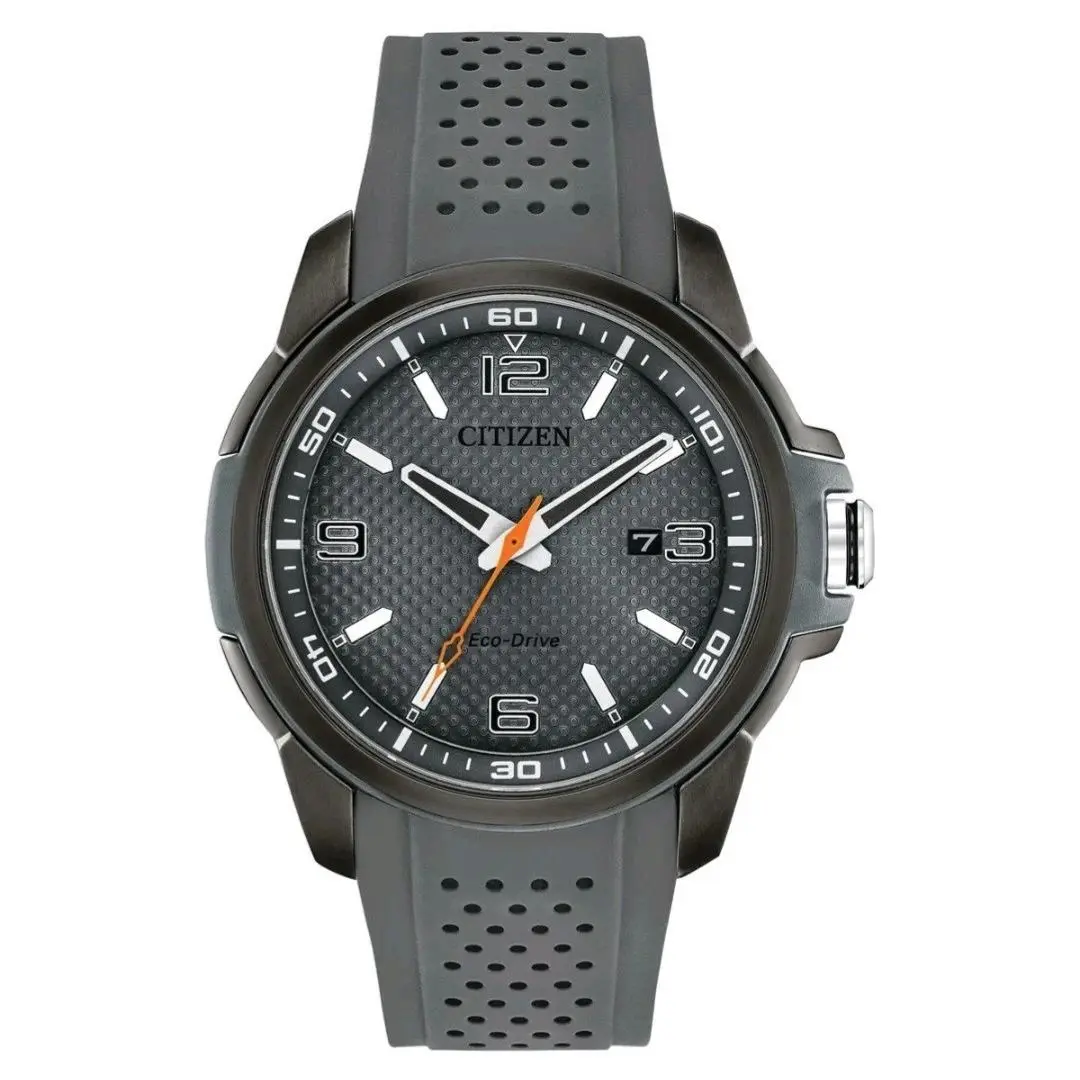 Eco-drive Watch Mens AW1157-08H Gray Dial Rubber Strap Analog Date Box by Citizen
