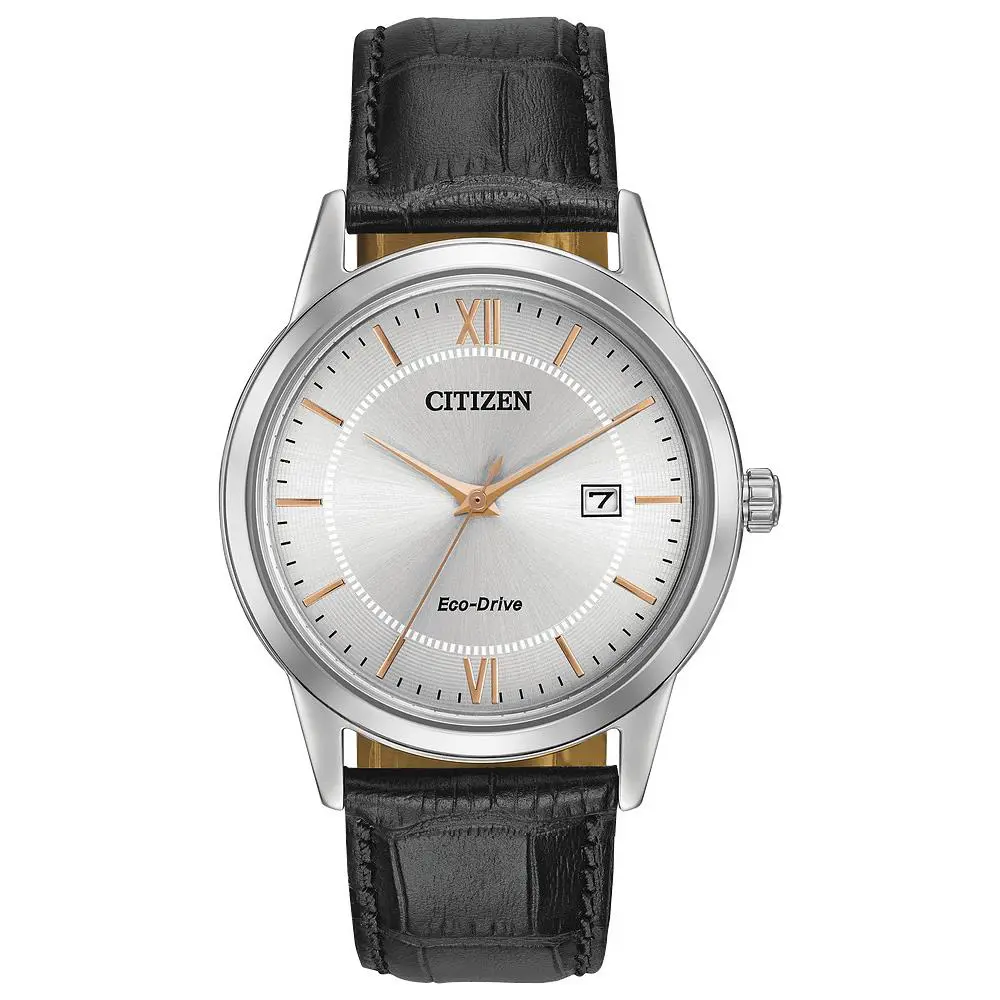 Citizen Eco-drive Silver Dial Black Leather Men`s Watch AW1236-03A - Dial: Silver, Band: Black, Bezel: Silver