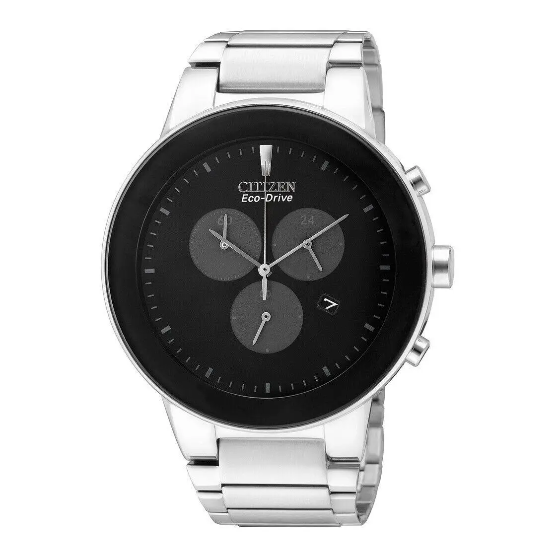 Citizen Dress Men`s Chronograph Eco-drive Watch AT2240-51E - Dial: Black, Band: Silver, Bezel: Black
