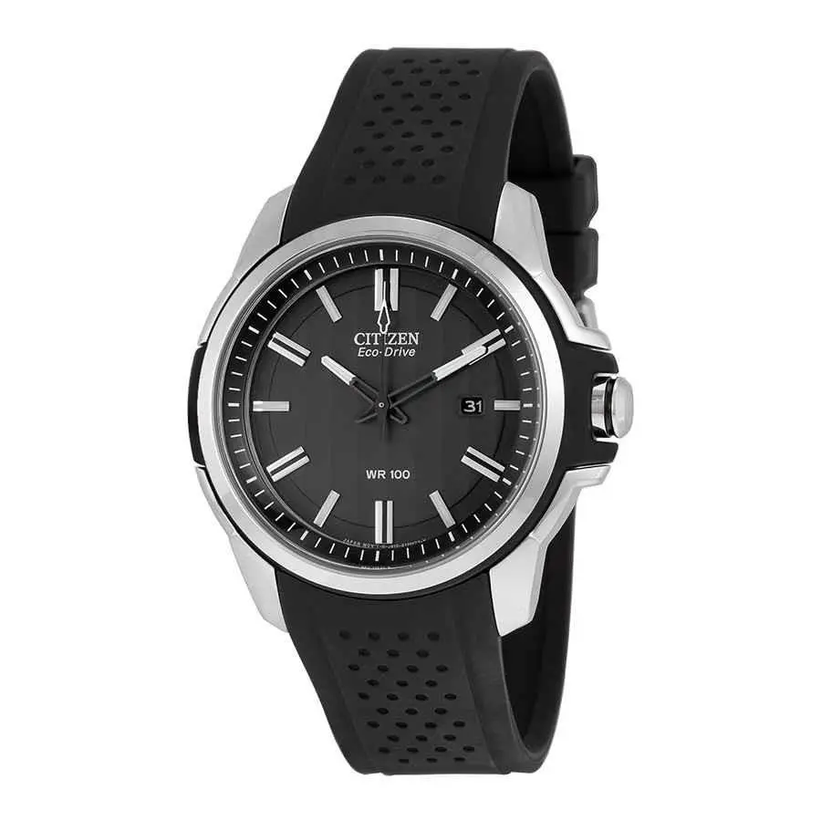 Citizen Eco-drive Men`s Silver Case Black Poly Calendar Watch 45mm AW1150-07E