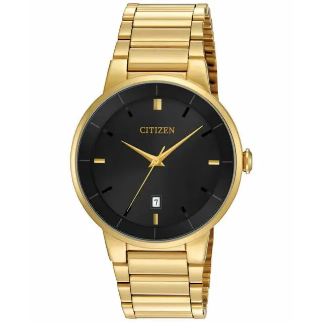 Citizen Mens Quartz Gold Tone Stainless Steel Black Dial Date Watch BI5012-53E