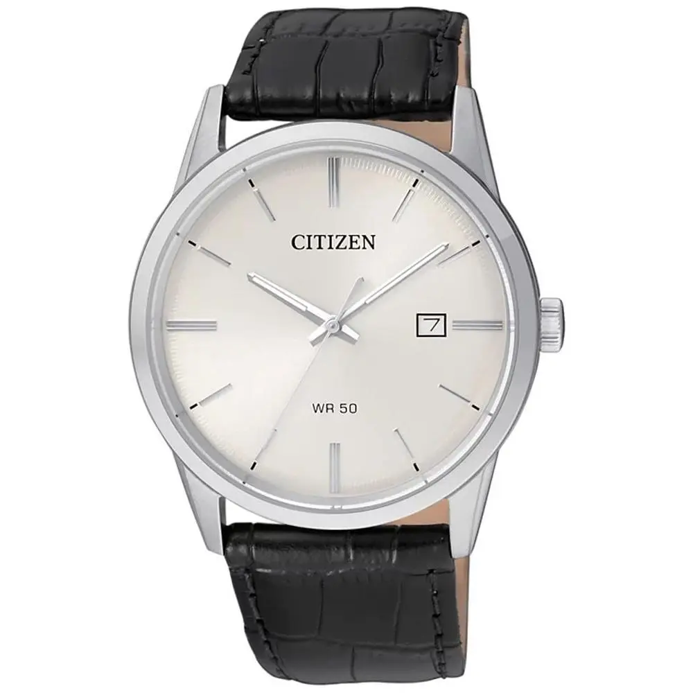 Citizen BI5000-01A Men`s Quartz Leather Band White Dial 3-Hand Analog Date Watch