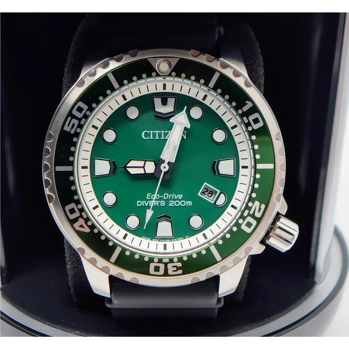 Citizen Men`s Watch Promaster Diver`s Green Dial Black Strap BN0158-00X