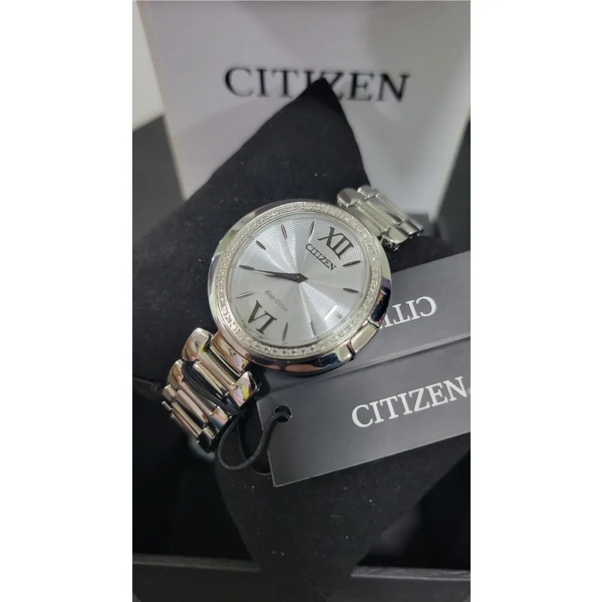 Citizen Eco-drive Women`s Diamond Accent Silver-tone 34mm Watch EX1500-52A - Dial: Silver, Band: Silver, Bezel: Silver