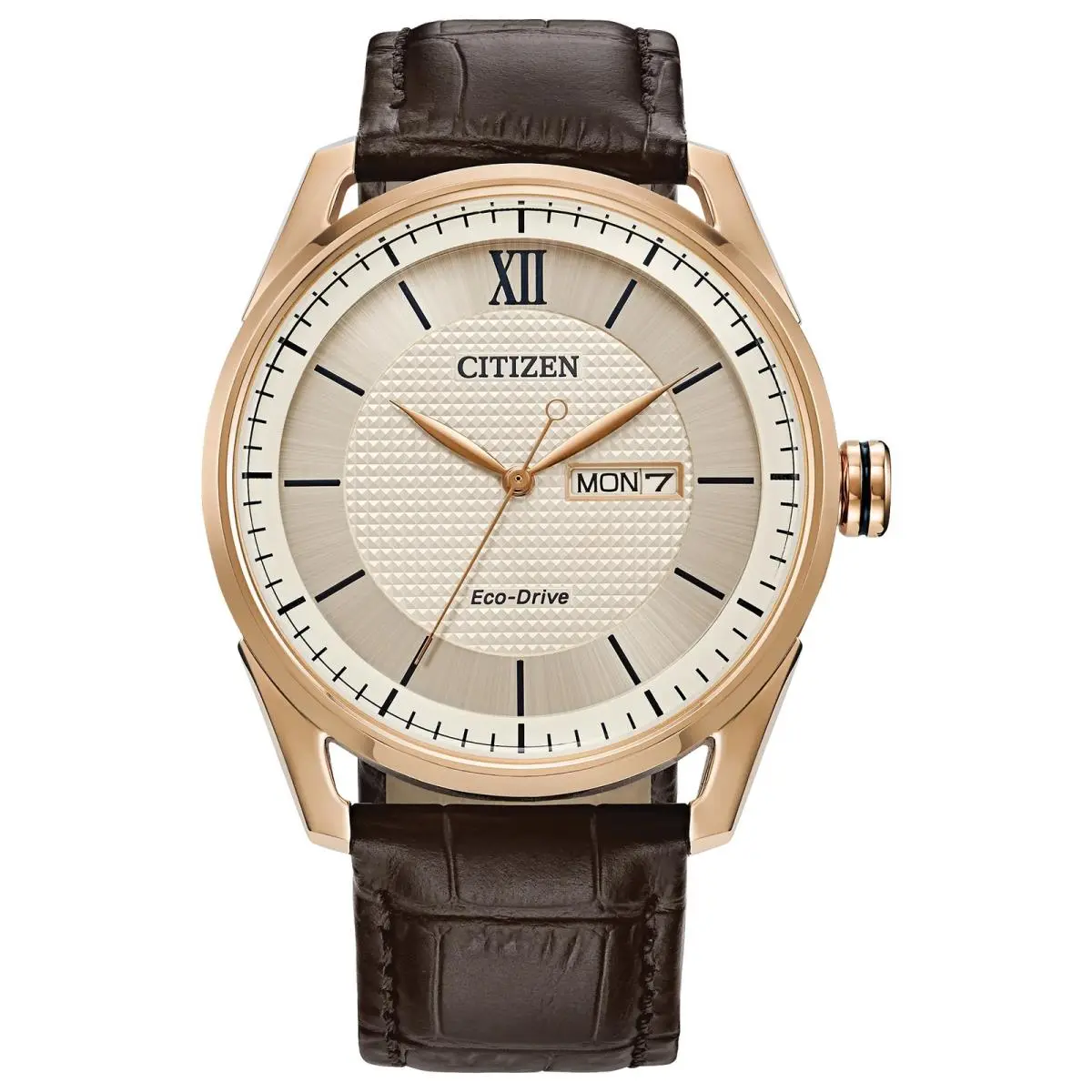 Citizen Eco-drive Classic Ivory Dial Mens Watch AW0082-01A - Dial: Beige, Band: Brown, Hand: Rose Gold