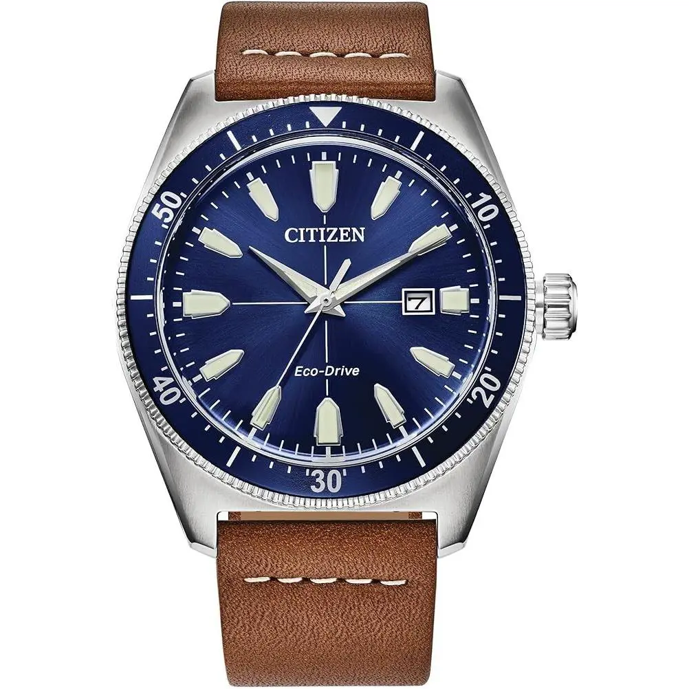 Citizen Eco-drive Brycen Brown Leather Blue Date Dial Men Watch AW1798-03L - Dial: Blue, Band: Brown, Bezel: Blue