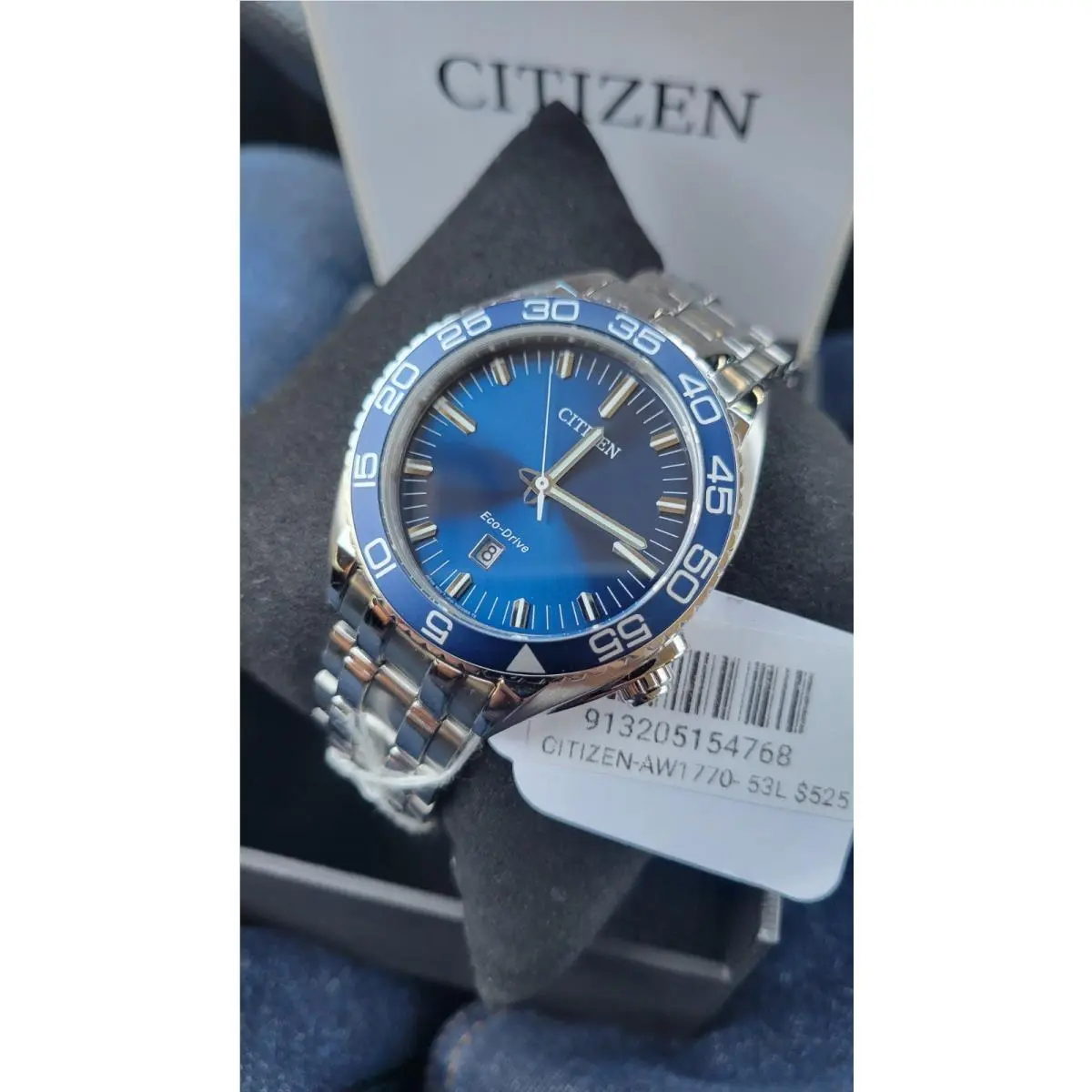 Citizen Eco-drive Men`s Carson Silver Stainless Steel Watch 42MM AW1770-53L - Dial: Blue, Band: Silver, Bezel: Blue