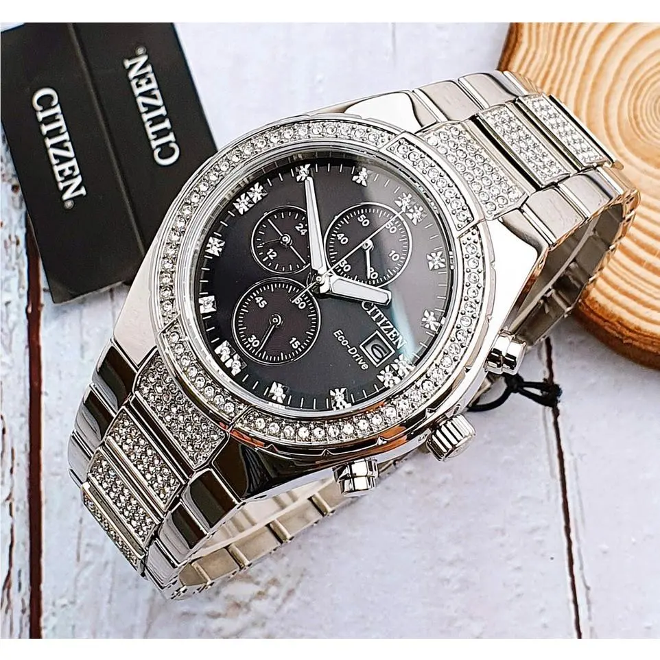 Citizen Eco-drive Silver Tone Black Dial Date Crystal Men`s Watch CA0750-53E - Dial: Black, Band: Silver, Bezel: Silver