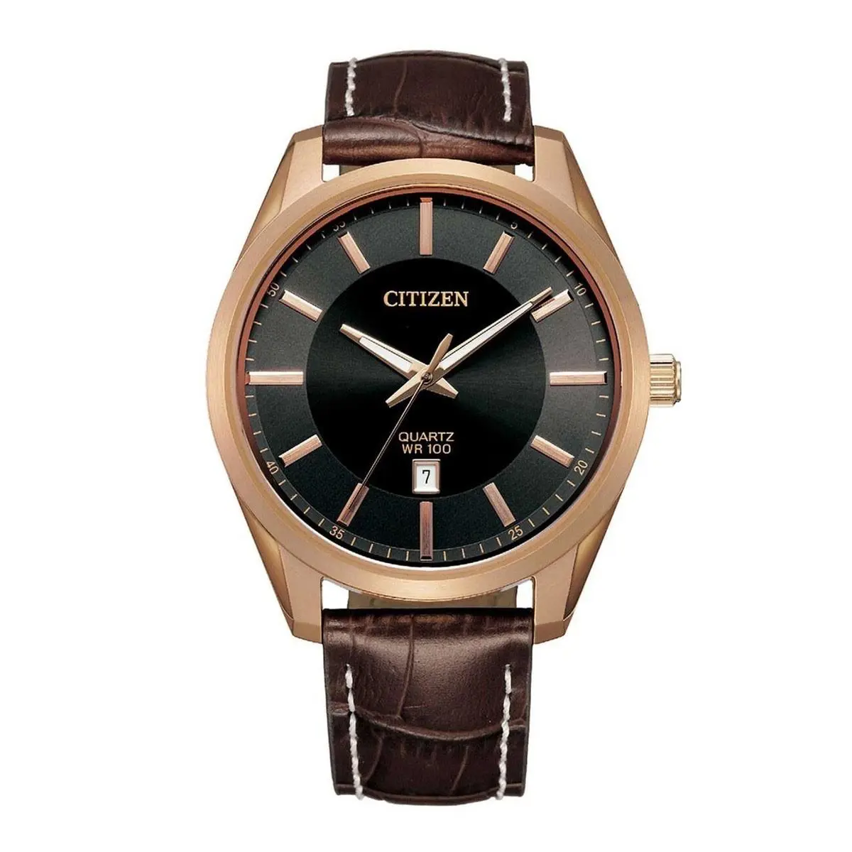 Citizen BI1033-04E Men`s Quartz Gold Tone Leather Band Black Dial Date Watch