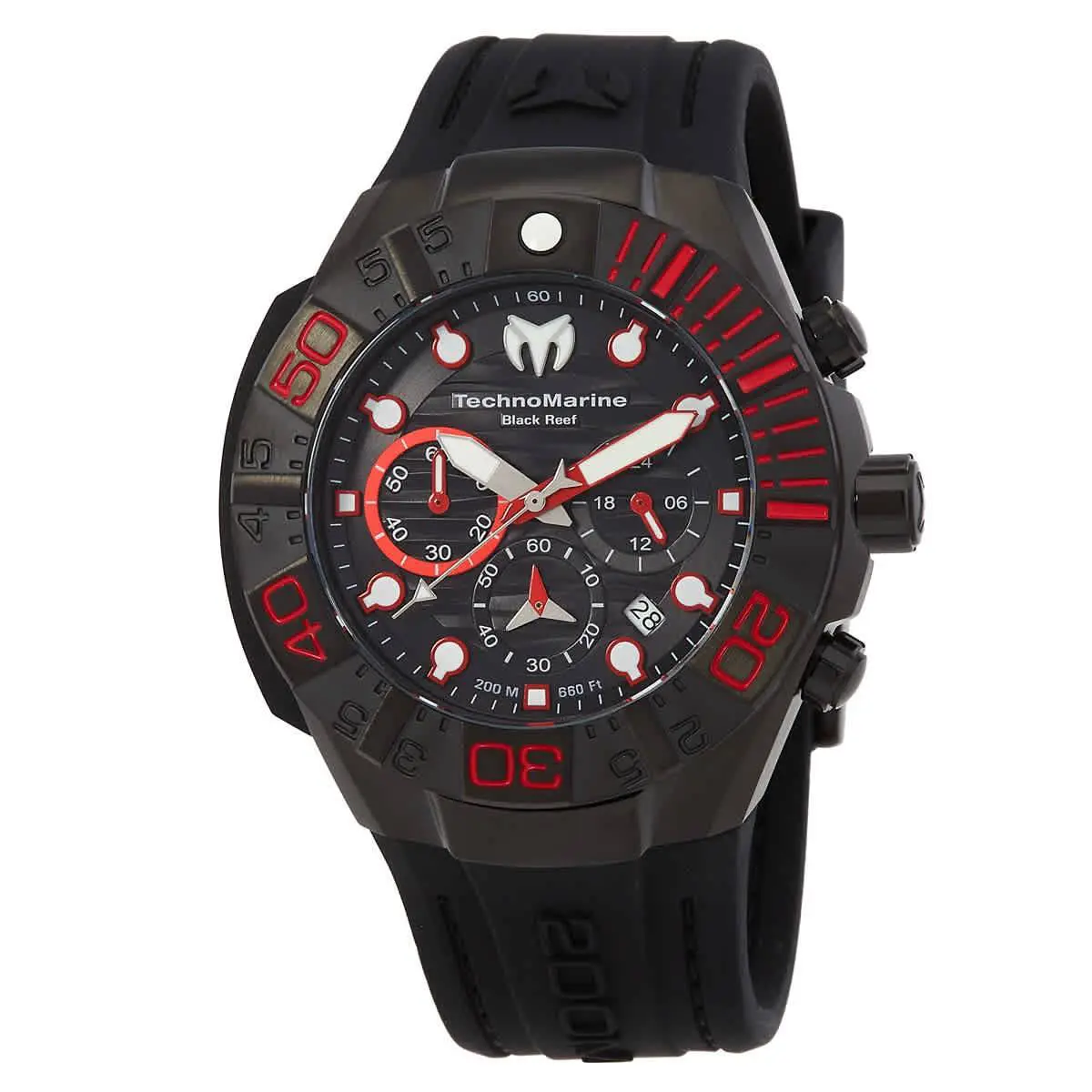 Technomarine Reef Black Chronograph Gmt Quartz Black Dial Men`s Watch TM-523010 - Dial: Black, Band: Black, Bezel: Two-tone (Red and Black)