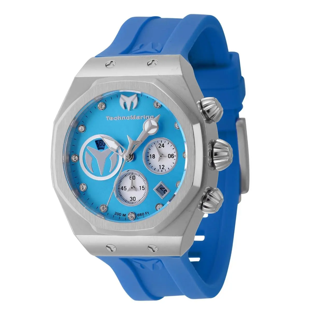 Technomarine Reef Sun Women`s 40mm Glacier Blue Crystal Chrono Watch TM-523006 - Dial: Blue, Silver, White, Band: Blue, Bezel: Gray, Silver