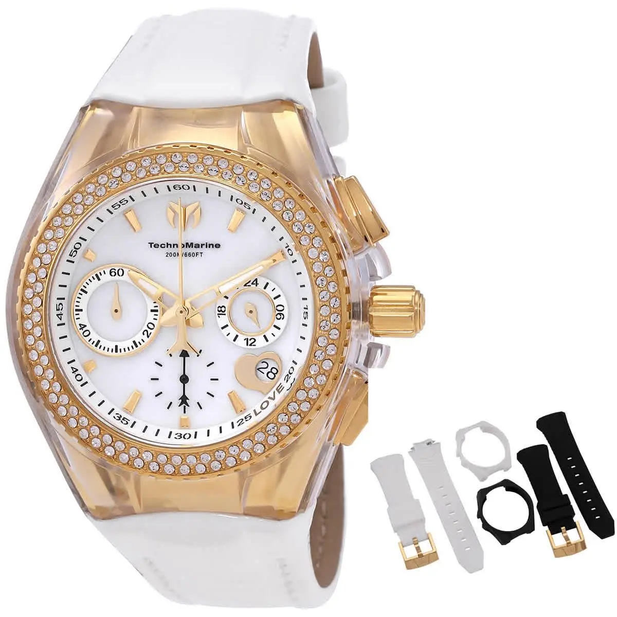 Technomarine Cruise Chronograph Quartz Crystal White Dial Ladies Watch TM-117046 - Dial: White, Band: White, Bezel: Gold, White