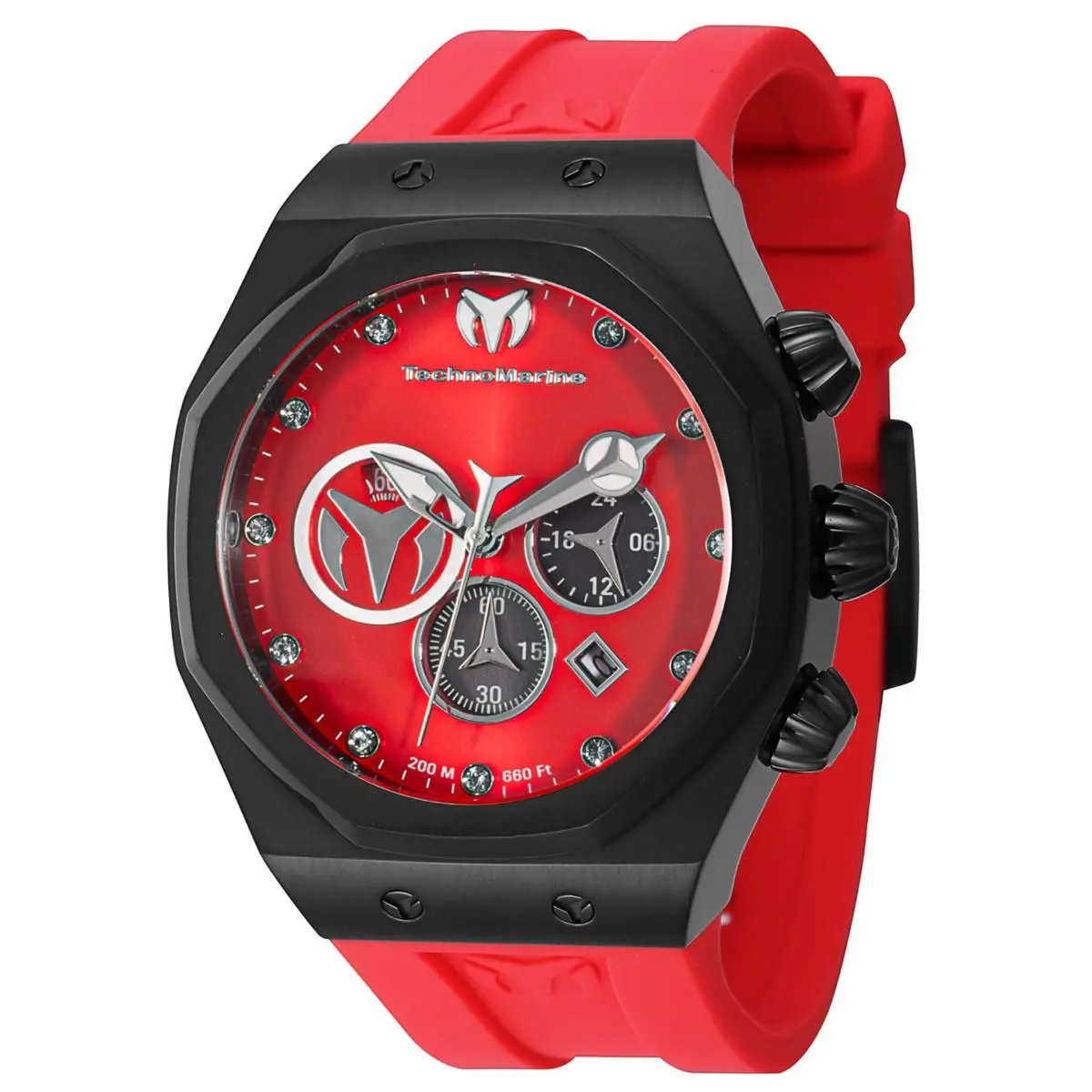Technomarine Men`s Blackfire Reef Sun 45mm Crystal Chrono Watch TM-523003 - Dial: Black, Red, Silver, Band: Red, Bezel: Black