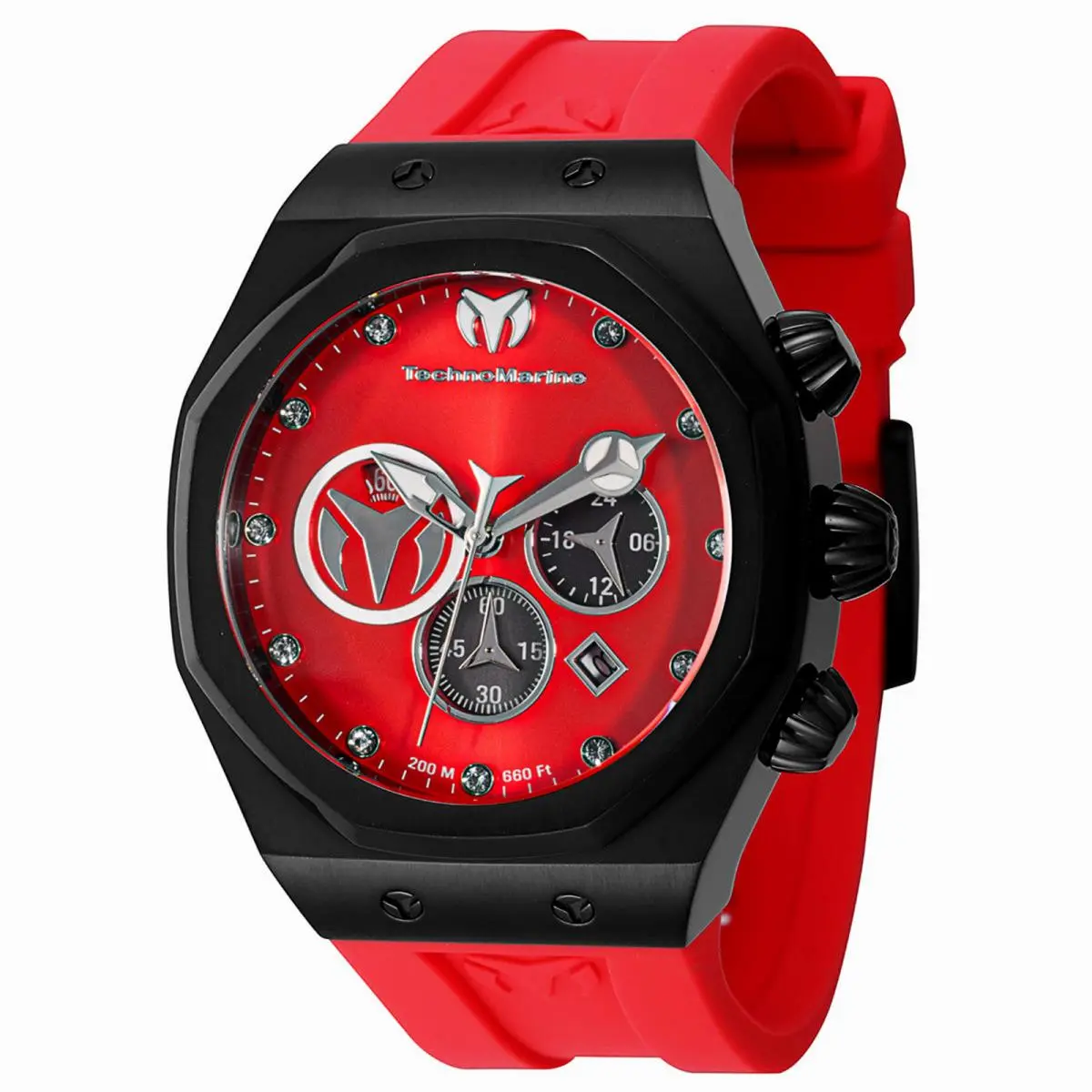 Technomarine Men`s Watch Reef Sun Quartz Red Silicone Strap 45mm TM-523003 - Dial: Red, Silver, Black, Band: Red, Bezel: Black