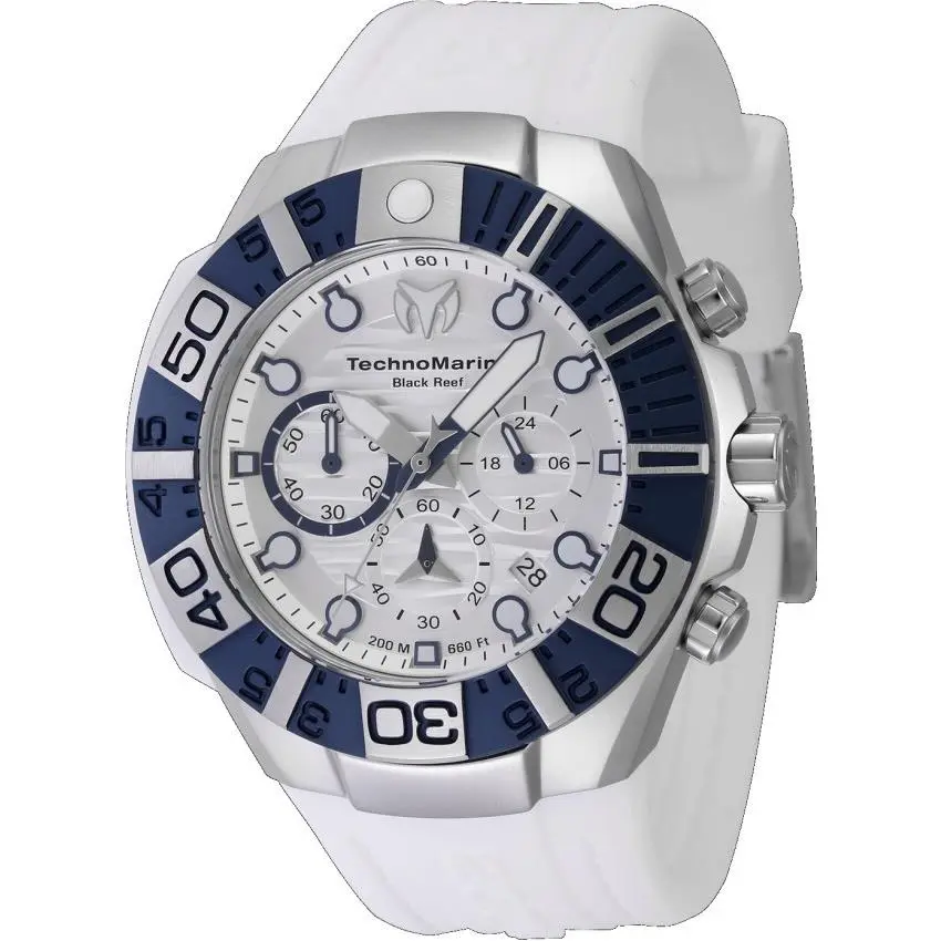 Technomarine Black Reef Men`s Blue Silicone Sport Chronograph Watch TM-523013 - Dial: Blue, Gray, Silver, White, Band: White, Bezel: Blue, Gray, Silver, White