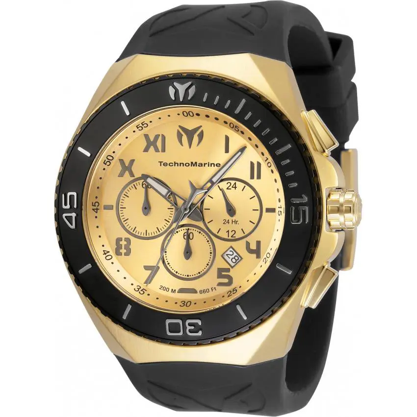 Technomarine Ocean Manta Men`s 48mm Mixed Silicone Chronograph Watch TM-220017 - Dial: Champagne, Gold, Yellow, Band: Black, Bezel: Black, Silver