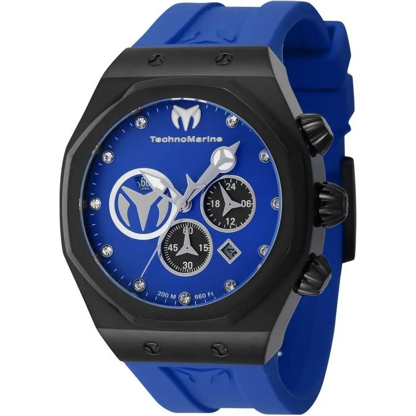 Technomarine Reef Sun Men`s Blue 45mm Crystal Chrono Watch TM-523001 - Dial: Black, Blue, Silver, Band: Blue, Bezel: Black