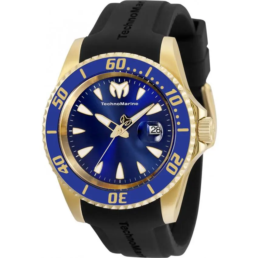 Technomarine Men`s Manta Sea Blue Dial Quartz Gold Watch TM-220115 - Dial: Blue, Band: Black, Bezel: Gold