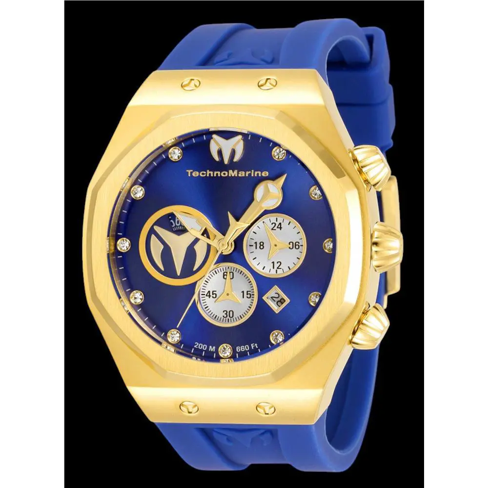 Technomarine Reef Sun Men`s Watch Chronograph Gold/blue Tone Jewel Dial Markers - Dial: Blue, Band: Blue, Bezel: Gold