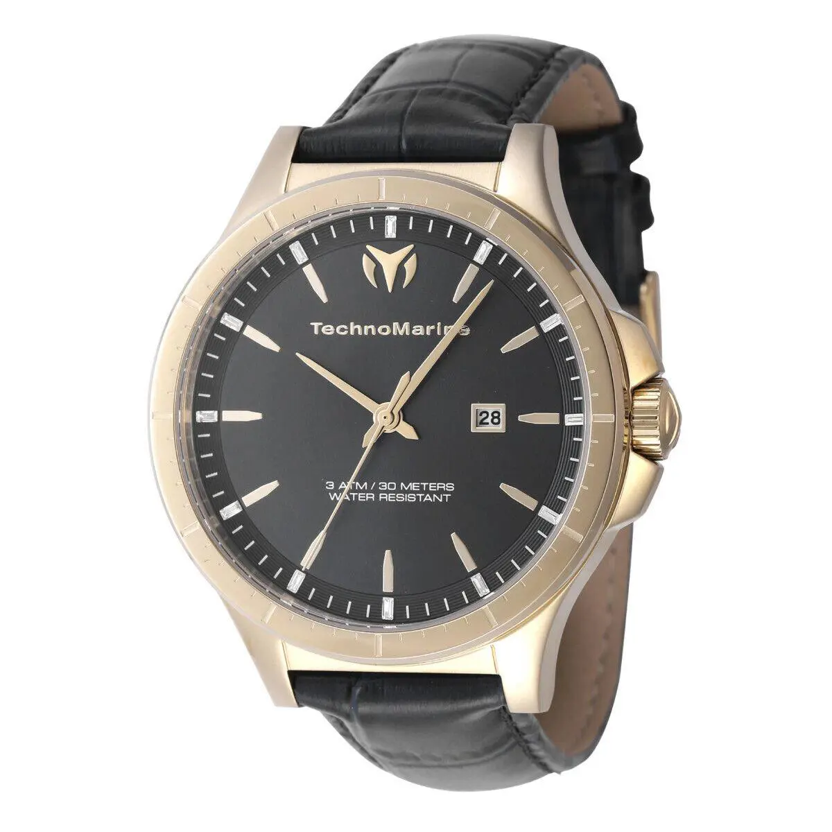 Technomarine Moonsun Men`s Watch 45MM Gold Tone Case Black Leather Strap 30M WR by TechnoMarine