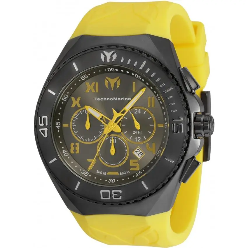 Technomarine Ocean Manta Men`s 48mm Gunmetal Yellow Chronograph Watch TM-220021 - Dial: Gray, Yellow, Gunmetal, Band: Yellow, Bezel: Gray, Gunmetal
