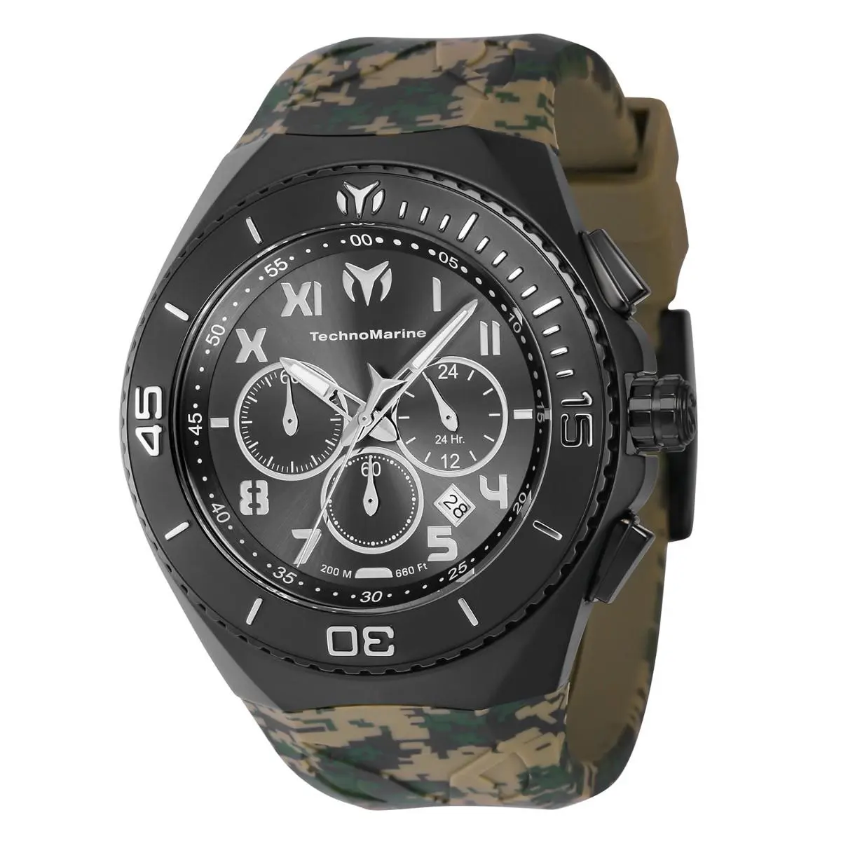 Technomarine Ocean Manta Mens 48mm Green Camo Strap Chrono Watch TM-221044 - Dial: Black, Gray, Silver, Band: Black, Brown, Green, Multicolor, Bezel: Black, Silver