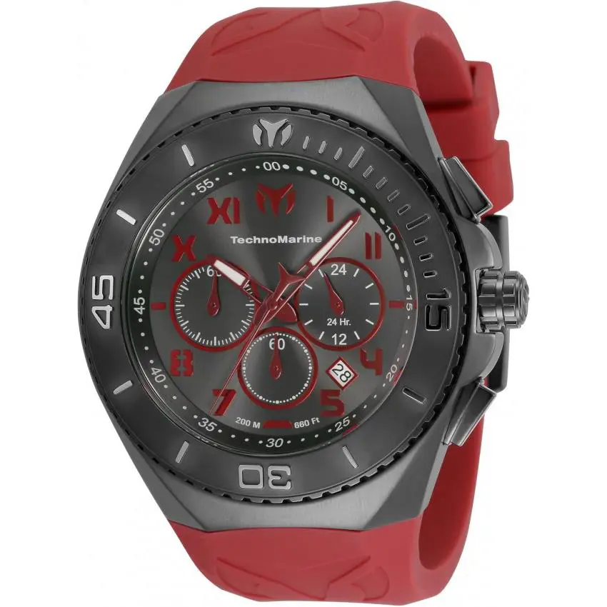 Technomarine Ocean Manta Men`s 48mm Gunmetal Red Chronograph Watch TM-220020 - Dial: Black, Gray, Red, Gunmetal, Band: Red, Bezel: Gray, Silver, Gunmetal