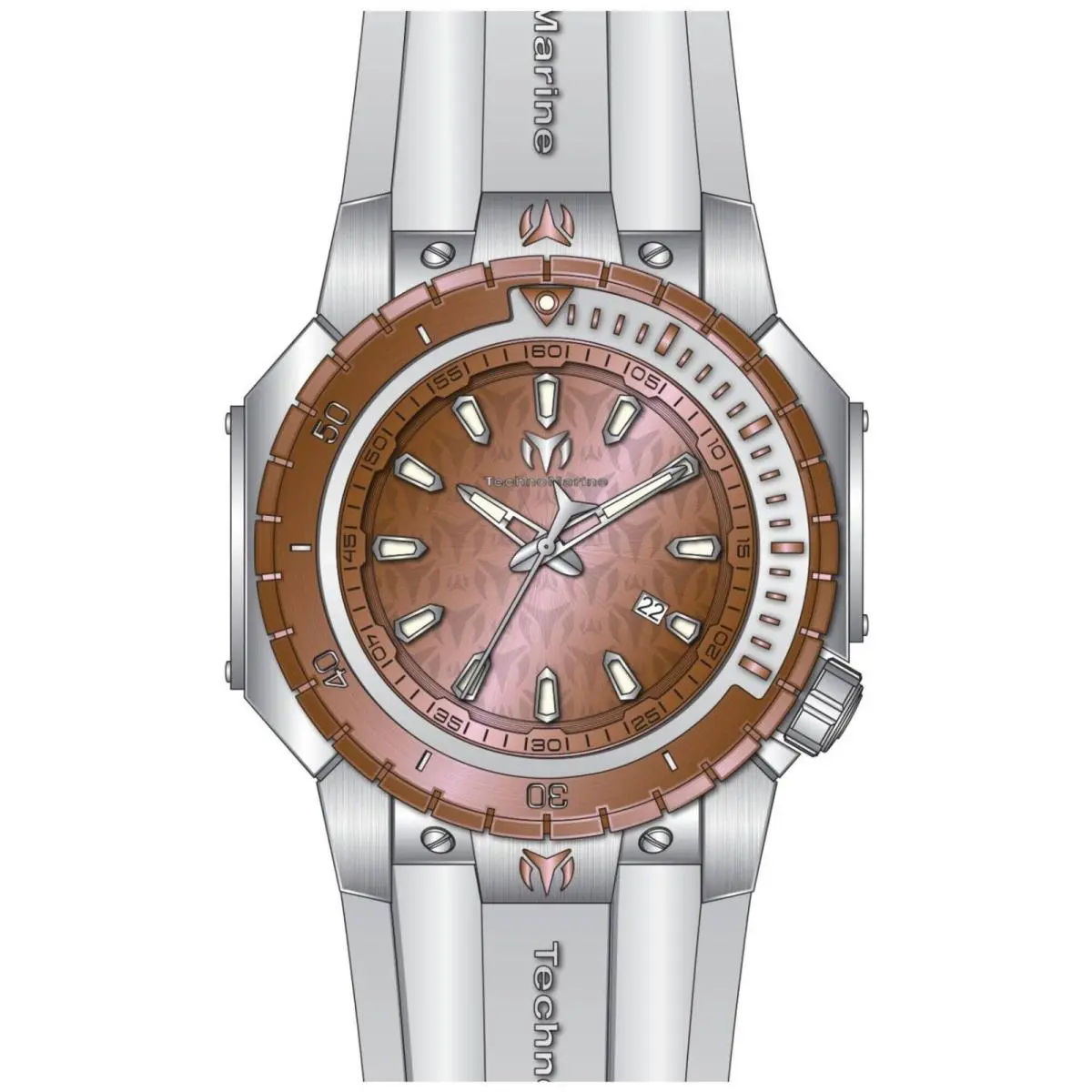 Technomarine Men`s Watch Manta Sea Quartz Rose Gold Dial Rubber Strap TM-224005 - Dial: Rose Gold, Band: White