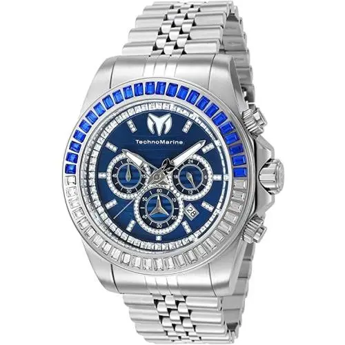 Technomarine Manta Ray Luxe Men`s 47mm Blue Dial Crystals Chrono Watch TM-221012 - Dial: Blue, White, Band: Silver, Bezel: Blue, Silver, White