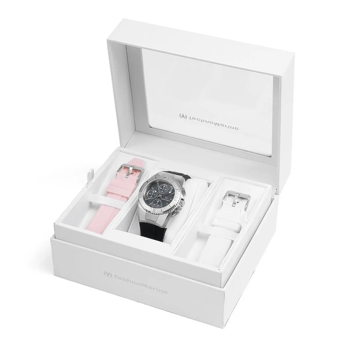 Technomarine Women`s TM-124033 Cruise 38mm Silver w/ 3 Straps Included - Dial: Black, Band: White, Black & Pink, Bezel: Silver