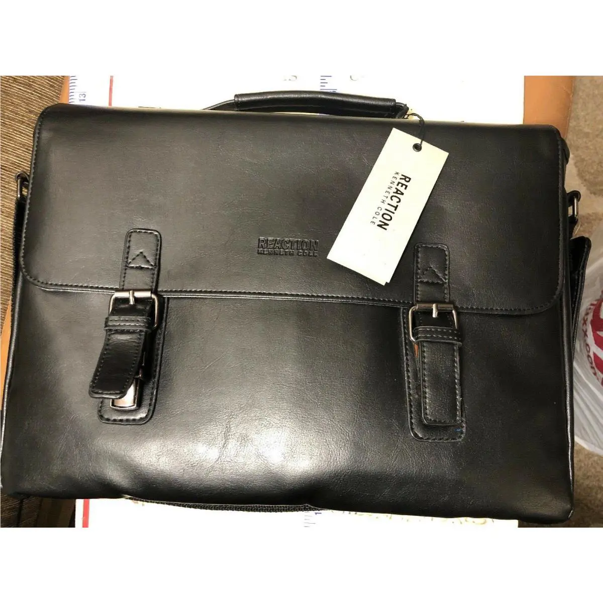 Designer  Black Leather Oh Flap Fits Up to 15 Laptop Briefcase by Kenneth Cole