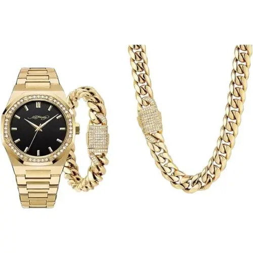 Gold Watch Bracelet Cuban Link Chain Rhinestone Gift Set by Ed Hardy