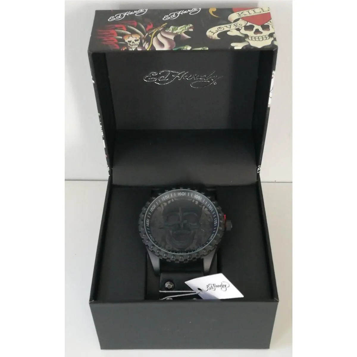 Men s Skullface Watch Black Leather Strap by Ed Hardy