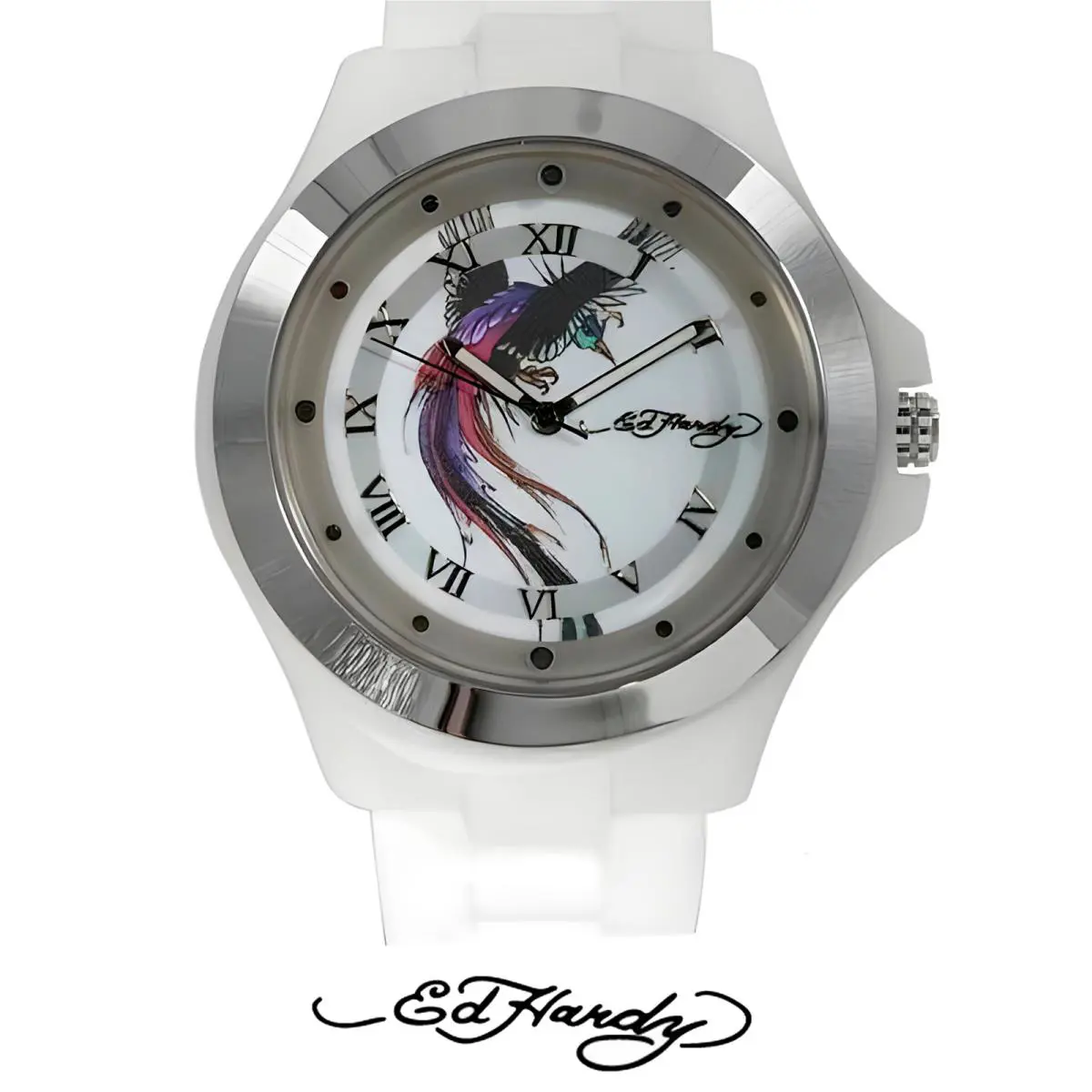 Ehmtwh Round Quartz White Base Metal Silver Color Case Unisex Watch by Ed Hardy