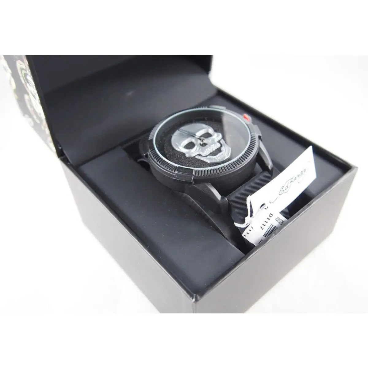 Ed Hardy Black Silver Skull Men`s Silicone Strap Wrist Watch 48mm