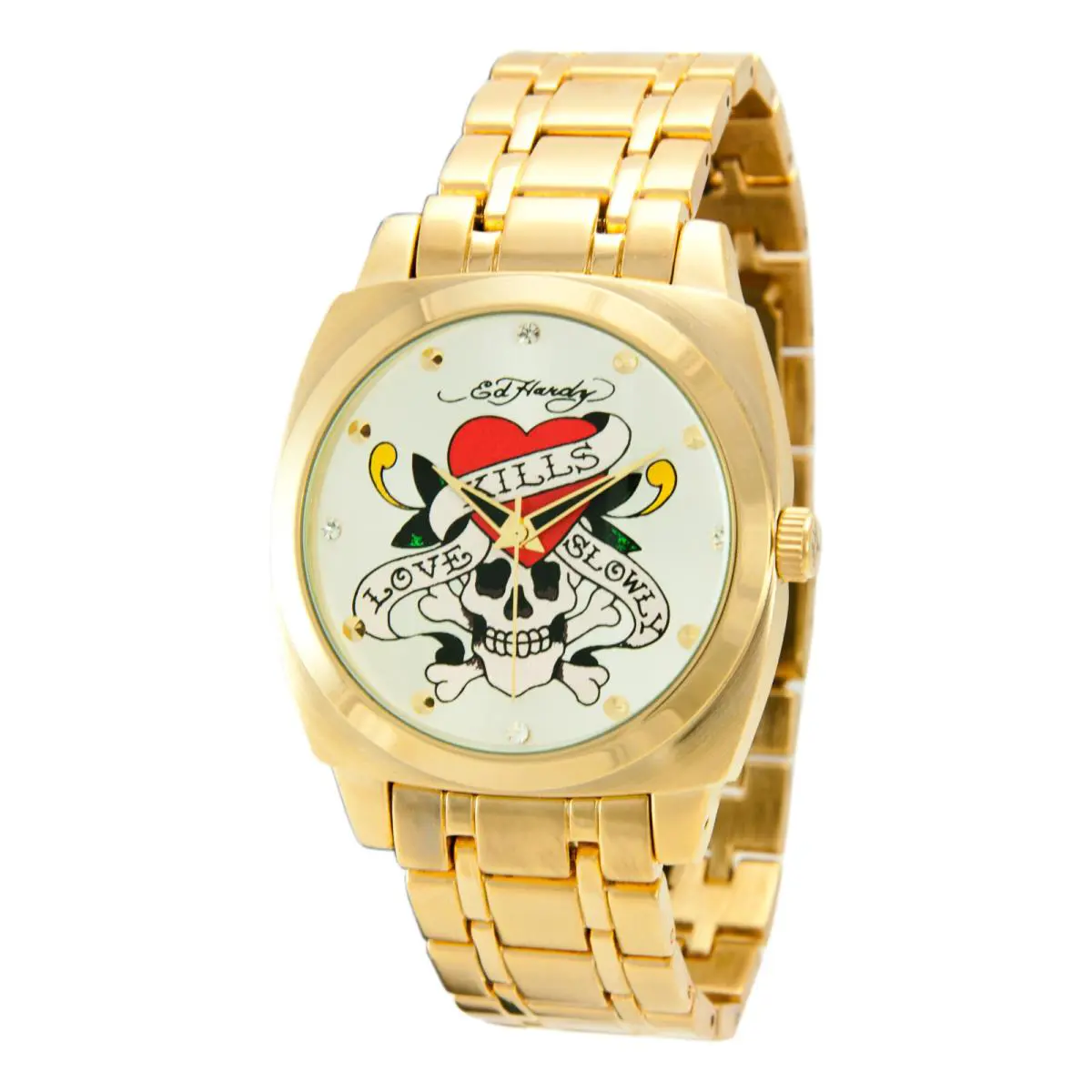 Famous Rare Love Kills Slowly Skull Tattoo Gold Tone Stainless Watch by Ed Hardy