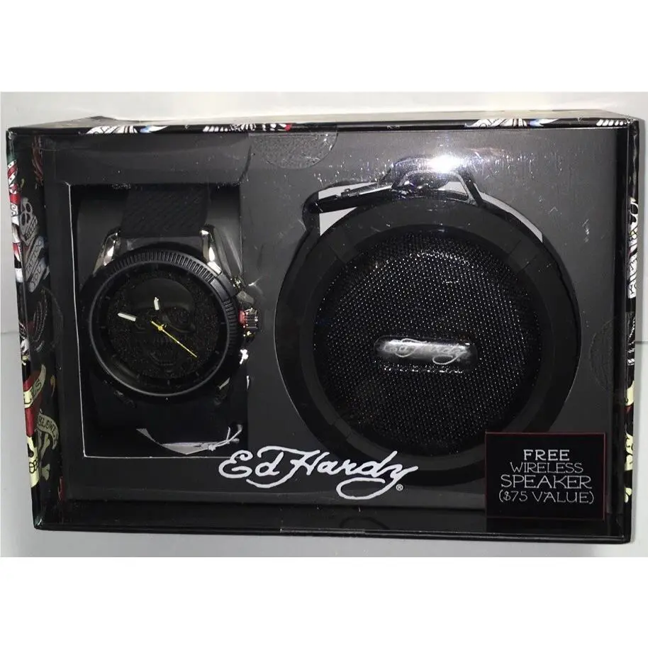 ED Hardy Mens Black Skull-face Watch Speaker Set Rubber Strap by Ed Hardy