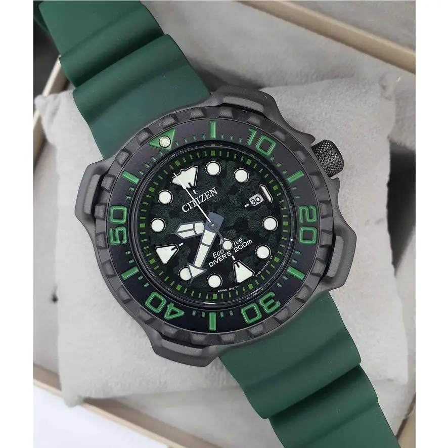 Citizen Promaster BN0228-06W Men`s Dive Titanium Eco Drive Sports Watch - Dial: Green, Band: Green, Bezel: Black