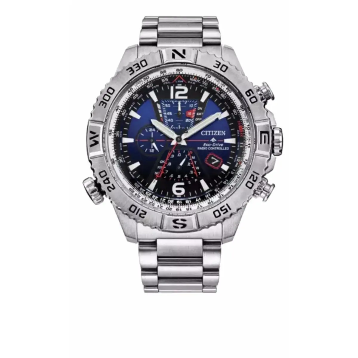 Citizen Men`s Eco-drive AT8220-55L Promaster Navihawk A-t Men`s 48mm Watch - Dial: Blue, Band: Silver, Bezel: Silver