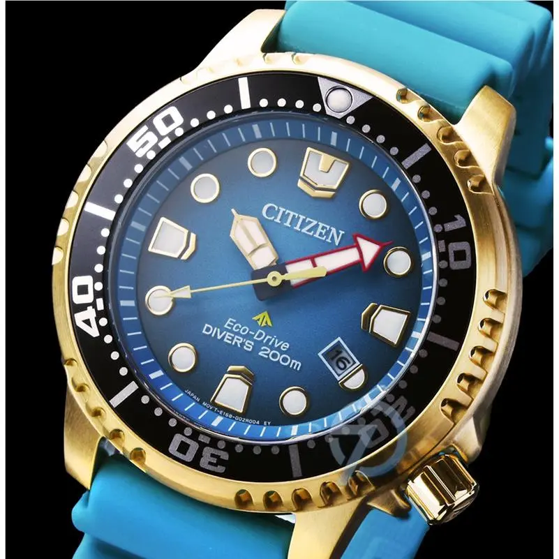 Citizen Eco-drive Promaster Diver Men`s Watch Gold Tone Blue Dial BN0162-02X - Dial: Blue, Band: Blue, Bezel: Black, Gold