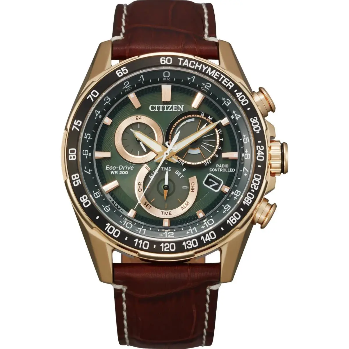 Citizen Eco Drive Pcat Radio Controlled Chrono. Perpetual Watch CB5919-00X - Dial: Green, Band: Brown, Bezel: Black, Rose Gold
