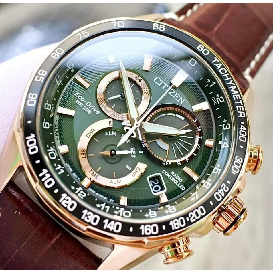 Citizen Eco-drive Pcat Chrono Green Rose Gold Leather Men`s Watch CB5919-00X - Dial: Green, Band: Brown, Bezel: Black