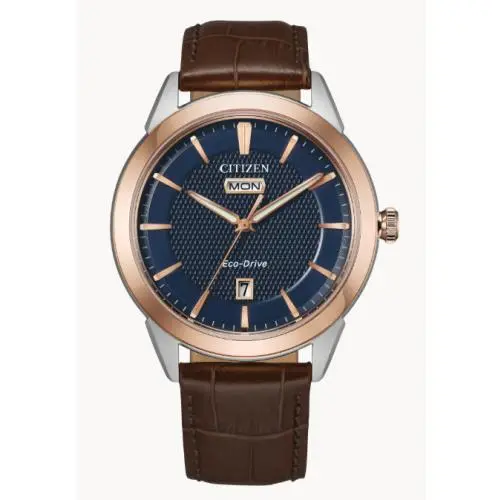 Citizen AW0096-06L Rolan Men`s Eco-drive Watch Day Date Indicator 40mm - Dial: Navy Blue, Band: Brown, Bezel: Rose Gold