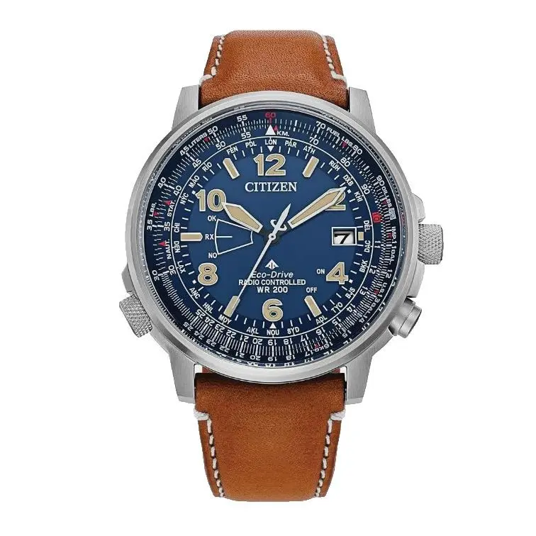 Citizen Men`s Eco-drive Promaster Air Skyhawk Blue Dial Watch– CB0241-00L - Dial: Blue, Band: Brown, Bezel: Silver