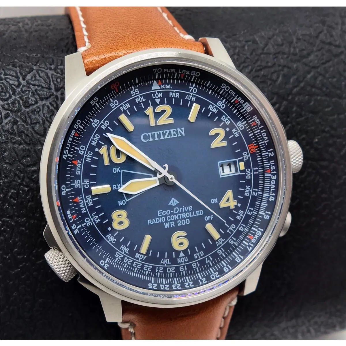 Citizen Promaster Air Skyhawk Sapphire Blue Dial Leather Band Watch CB0241-00L - Dial: Blue, Band: Brown, Bezel: Silver
