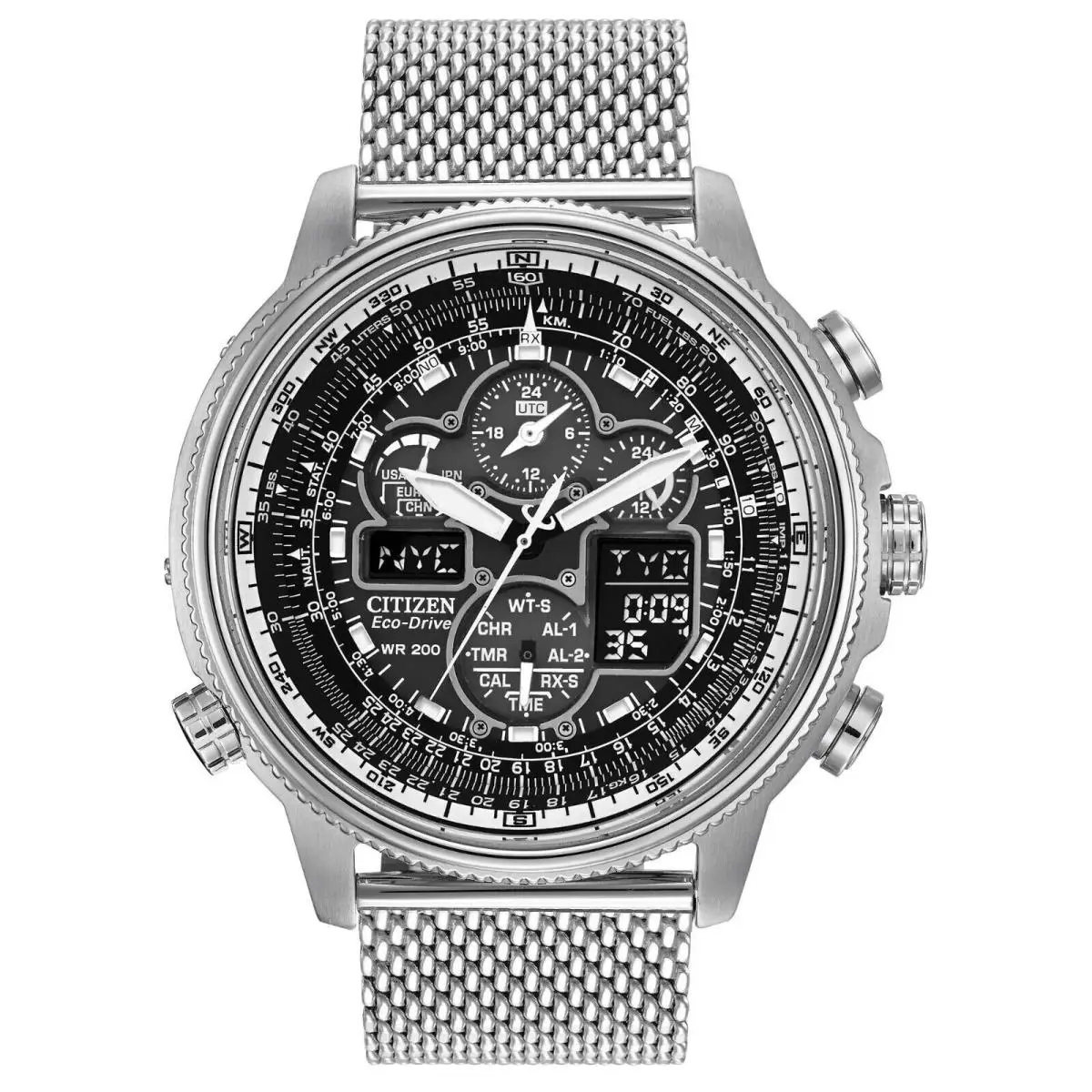 Citizen Eco-drive Mens Watch Navihawk AT JY8030-83E - Dial: Black, Band: Silver, Bezel: Silver