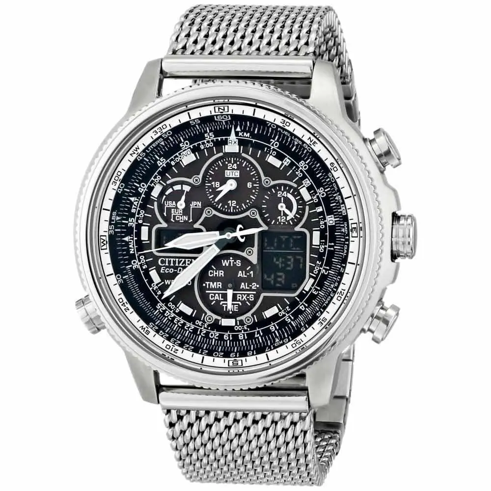 Citizen JY8030-83E Mens Navihawk A-t Chrono Steel Mesh Bracelet Eco-drive Watch - Dial: Black, Band: Silver