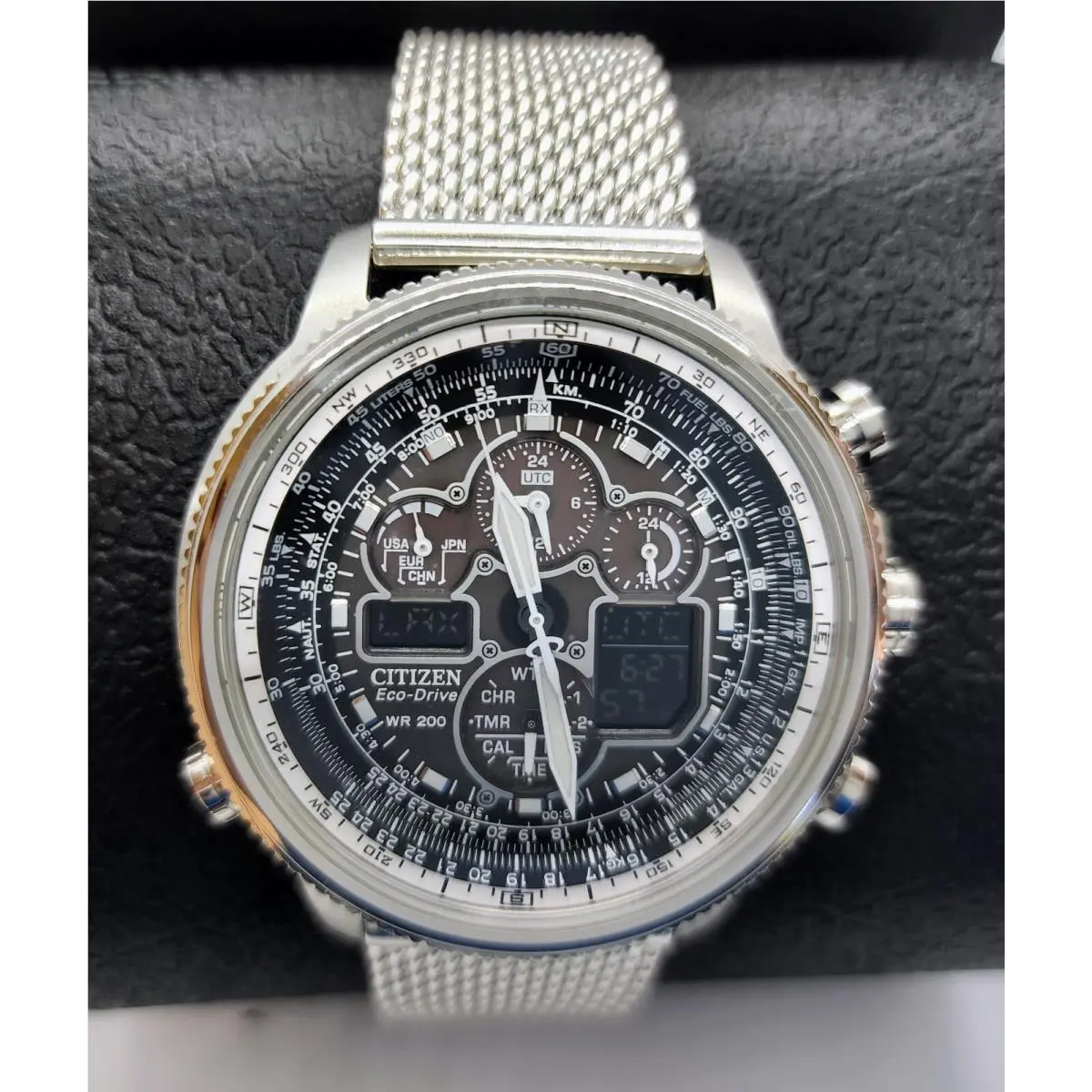 Citizen Navihawk Promaster AT Eco-drive JY8030-83E Silver Stainless Steel Watch - Dial: Black, Band: Silver, Bezel: Silver